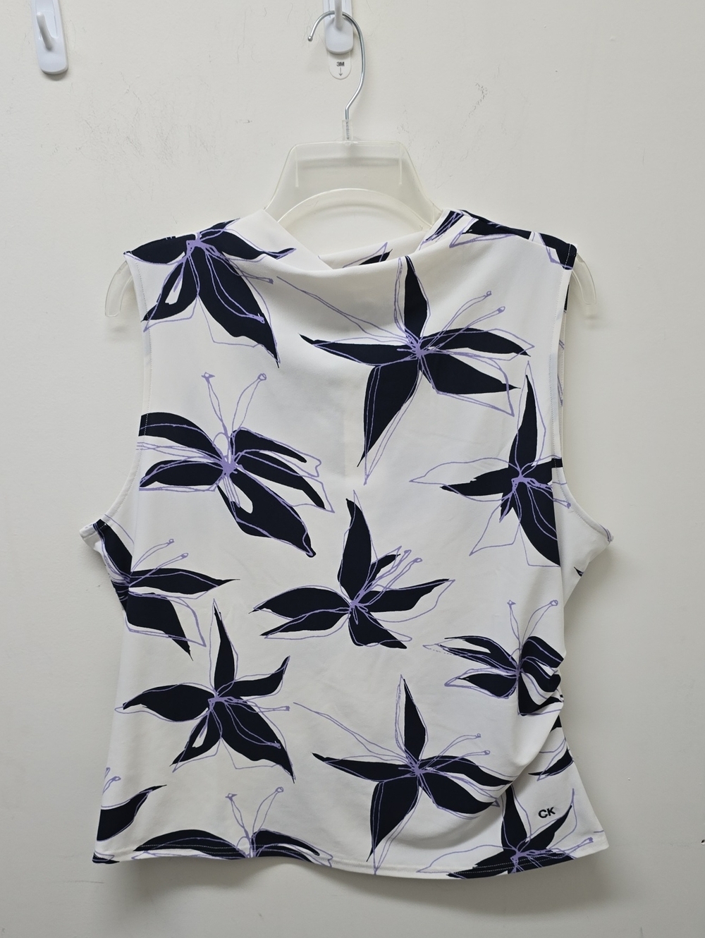 Calvin Klein White Tank Top with Navy and Lavender Floral Print - Size L